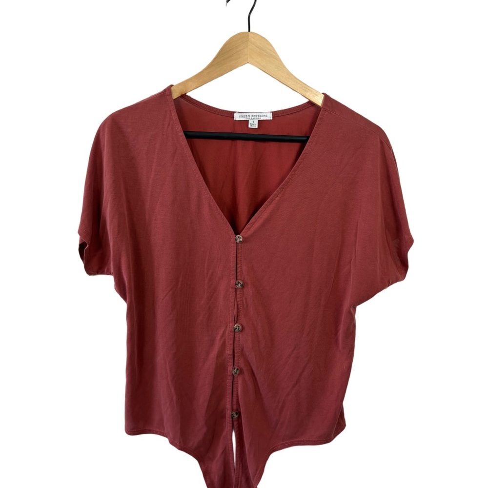 Green Envelope LA Rust Tie Front Button Top Size Small Modal Blend